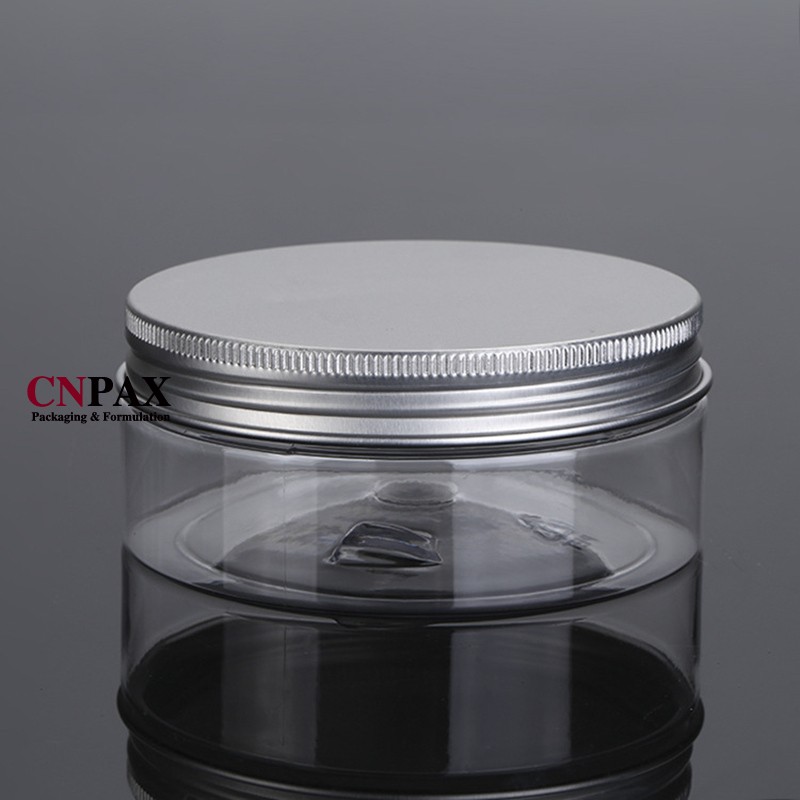 clear PET plastic jar with aluminium lid