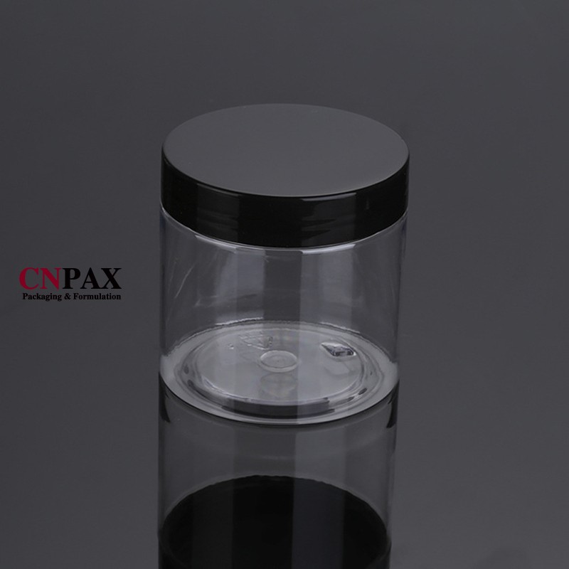 Clear PET plastic jar with black lid