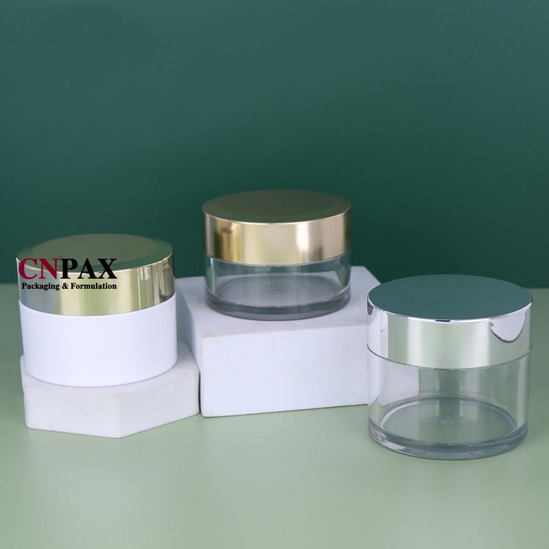 clear heavy wall cream jar with silver gold lid in stock