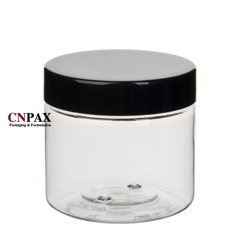 60 ml 2 lf oz clear plastic storage jar with black lid
