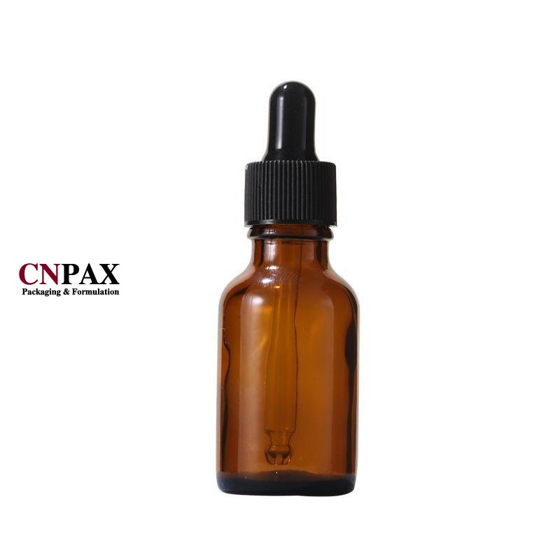 25ml amber brown glass CBD oil bottle with black dropper