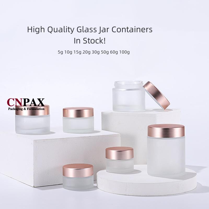 In Stock Low Minimum Clear Frosted Matte Glass Jars with Rose Gold Caps