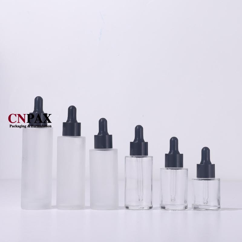 in stock clear frosted matte glass bottles with black dropper