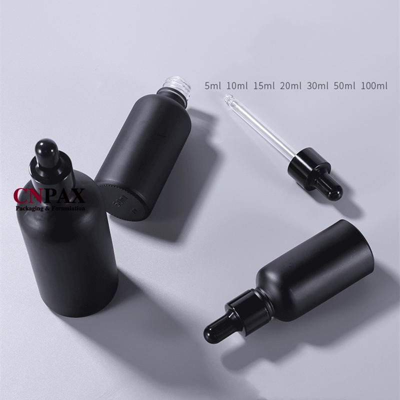 In Stock Low Minimum 5ml-100ml Black Frosted Matte Glass Dropper Bottles with Black Dropper